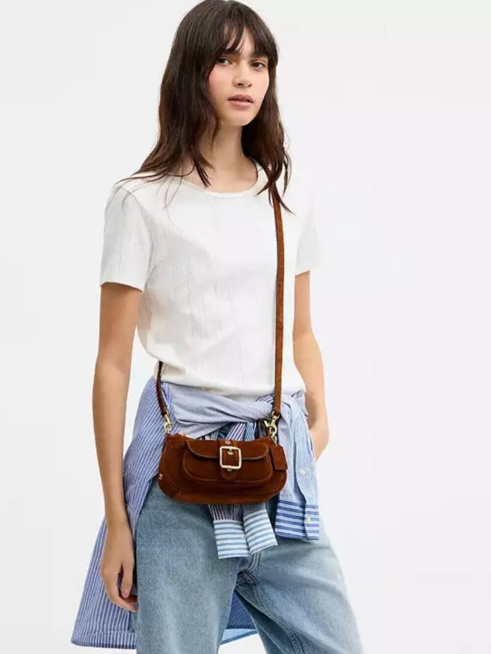 COACH ashton mini shoulder bag. suede/gold /warm brown. item # cfa50. - Picture 7 of 16